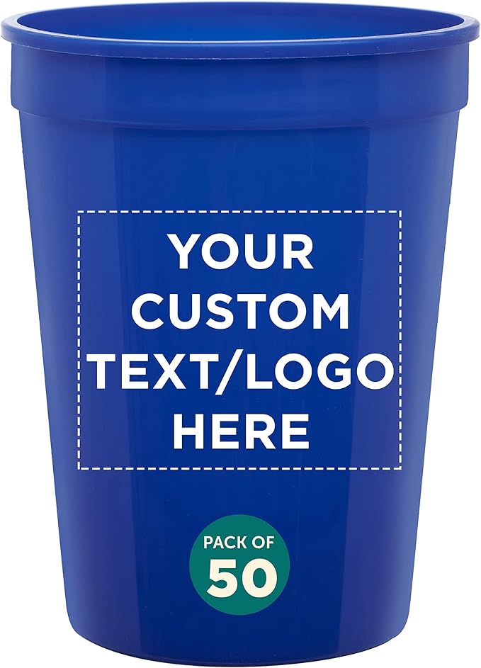 Custom Disposable Plastic Cups 12 oz. Set of 50, Personalized Bulk Pack - Perfect for Summer, Sporting Events, Birthdays, Weddings, Picnic, Beach, Parties - Reflex Blue
