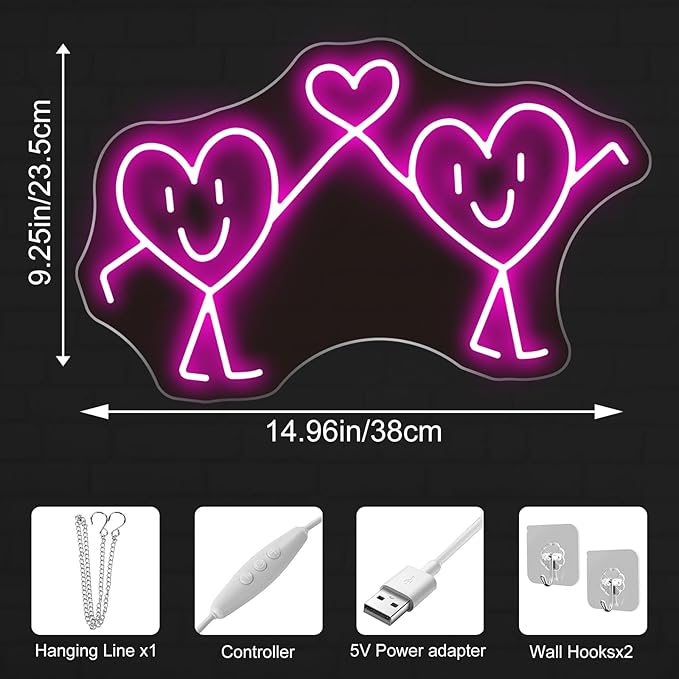 Cute Twin Heart Neon Sign - 5-Level Dimmable USB Pink Neon Signs & Valentine's Day Decor, Ideal for Weddings, Parties, Shop Walls, Teen Girl Bedroom Wall Art
