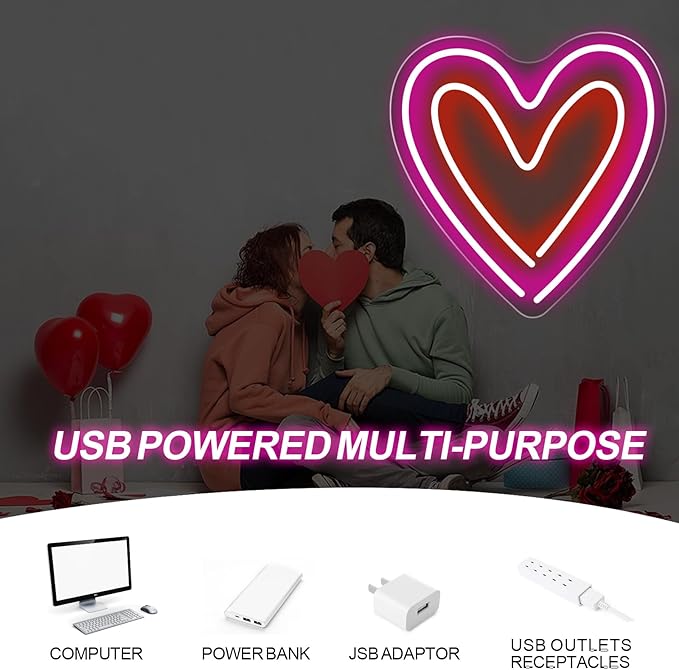 Heart Neon Sign - 5-Level Dimmable USB Pink Neon Signs & Valentine's Day Decor, Ideal for Weddings, Bedrooms, Romantic Nights, Cute Wall Art for Spaces