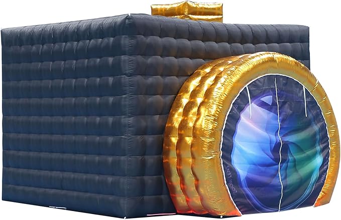 SAYOK Inflatable Photo Booth with Lights, Portable Camera Shaped Cube Tent with Blower, 11.5x9.2x8.2ft (Black&Gold Exterior/White Interior), Backdrop for Wedding Events, Parties, Exhibitions