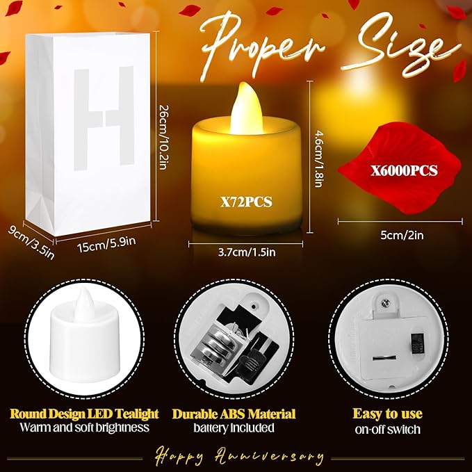 6088 Pcs Happy Anniversary Light up Letters with LED Flameless Tealight Candle Red Rose Petal Letter Luminary Paper Bag for Valentine's Day Decorations Proposal Romantic Special Night Decor