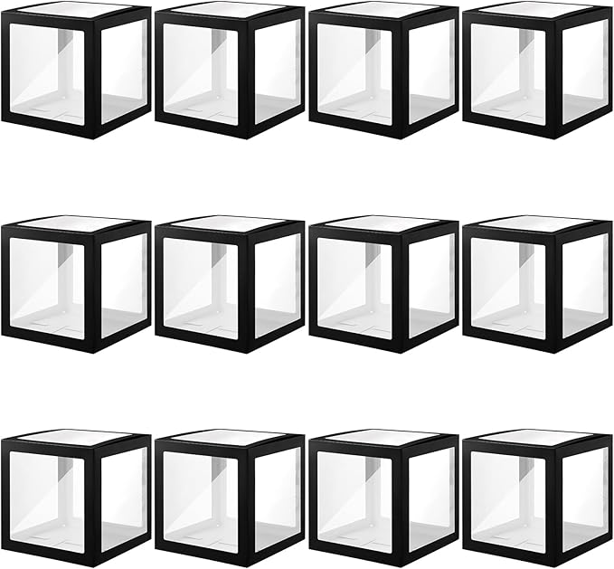 Thyle 12 Pcs Transparent Balloon Boxes Clear Balloon Boxes with 99 Letters for Baby Shower Gender Reveal Grad Birthday Party Bridal Wedding Anniversary Backdrop Decoration (Black)