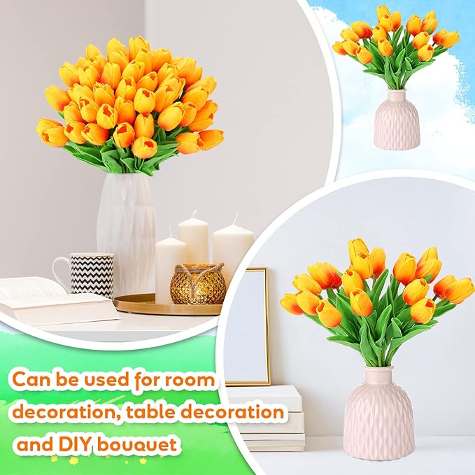 Jexine 100 Pcs Artificial Real Touch Tulips Fake Artificial Tulip Flower Bulk Bouquet with Stem for Table Centerpieces Wedding Bridal Easter Mother's Day Garden Home Decor, 13.4''(Sunset Red)