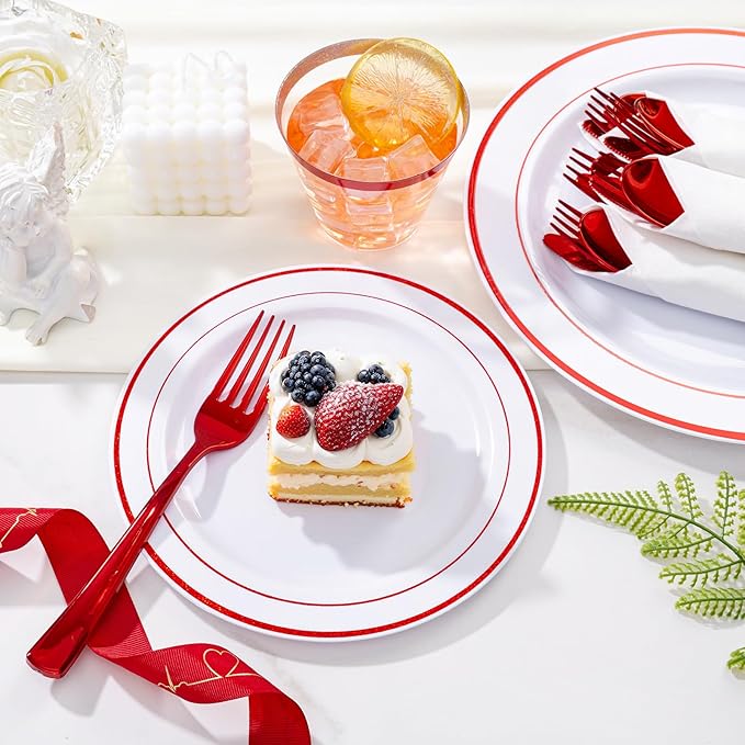 WELLIFE 210 Piece Red Plastic Dinnerware Set, Disposable Plates for Party,Include: 30 Dinner Plates, 30 Dessert Plates, 30 Pre Rolled Napkins with Gold Silverware and 30 Gold Cups