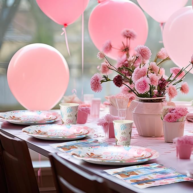 Pickmesh 400 Pcs Bear Gender Reveal Party Supplies Decorations Include Pink Blue Gender Reveal Party Disposable Paper Plates Napkins Cups Cutlery for Men Women Decorations Serve 50