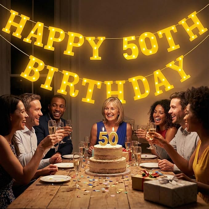 Honoson 17 Pcs 50th Birthday Party Decoration Happy 50th Birthday Light up Table Sign 6.42 Inch LED Neon Marquee Lights for Room Table Wall Decoration Party Supplies