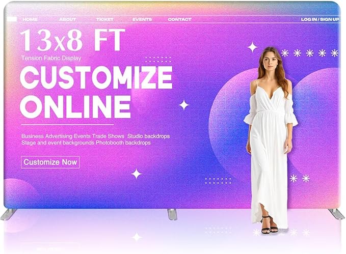 13x8 FT Custom Tension Fabric Backdrop Banner Stand, HD Banner Printing Online Design Tension Fabric Display Stand, Large Portable Trade Show Display Booth for Business, Corporate, Wedding, Mall