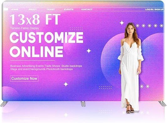 13x8 FT Custom Tension Fabric Backdrop Banner Stand, HD Banner Printing Online Design Tension Fabric Display Stand, Large Portable Trade Show Display Booth for Business, Corporate, Wedding, Mall