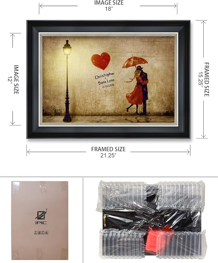 IPIC - Our First Kiss Personalized Framed Wall Art with Names and Date on, Giclee Prints with Solid Wood Frame, Customized Gift and Memorial Gifts for Wedding Anniversary.