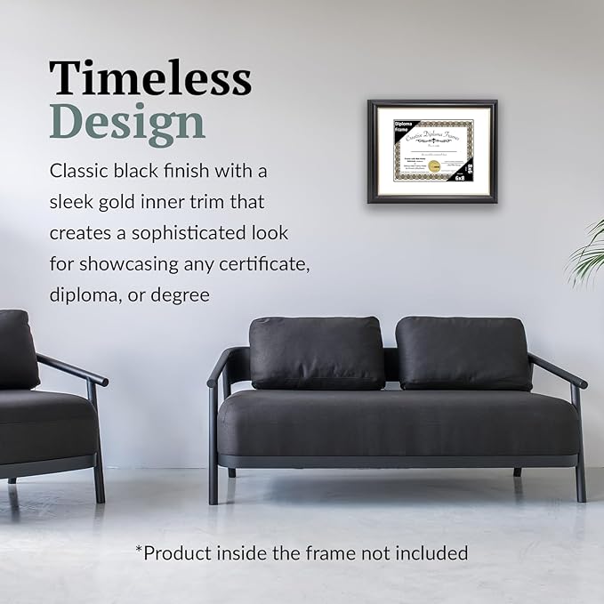 Creative Picture Frames 6" x 8" Rockefeller Black with Gold Rim Diploma Frame, Displays 6" x 8" Certificate or 8" x 10" Document without Mat, College Degree Frame, Full-Strength Glass, White Mat