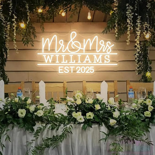 Mr and Mrs Name Neon Sign Custom Last Name LED Neon Light Home Wall Decor Wedding Engagement Party Backdrop Decoration Personalized Gifts ﻿