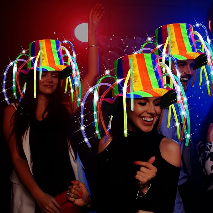Wesiti 6 Pcs LED Funny Clown Crazy Hat Light up Jester Glow in Dark Crazy Hat Mardi Gras Noodle Hair for Adults Party Cosplay Costume Decor Supplies