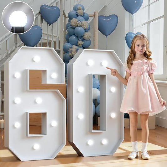 Marquee Numbers 3 Feet Tall Big Light Up Numbers 60th Birthday Decorations Women Men White Anniversary Party Decor Large Cardboard Prop Backdrop Sign 60