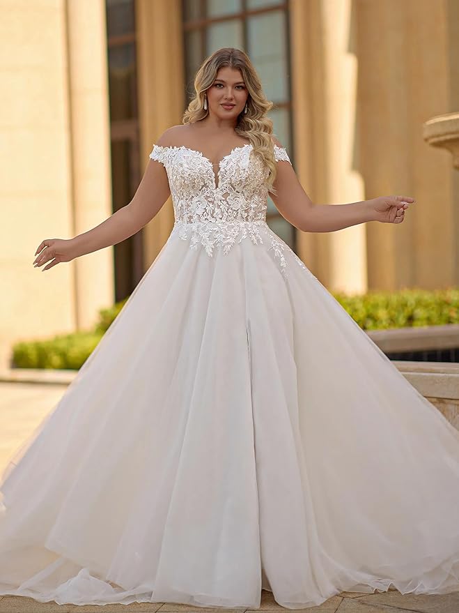 Plus Size Wedding Dresses for Bride Long Sleeve Wedding Bridal Gowns with Lace Appliques Off Shoulder Bride Dress