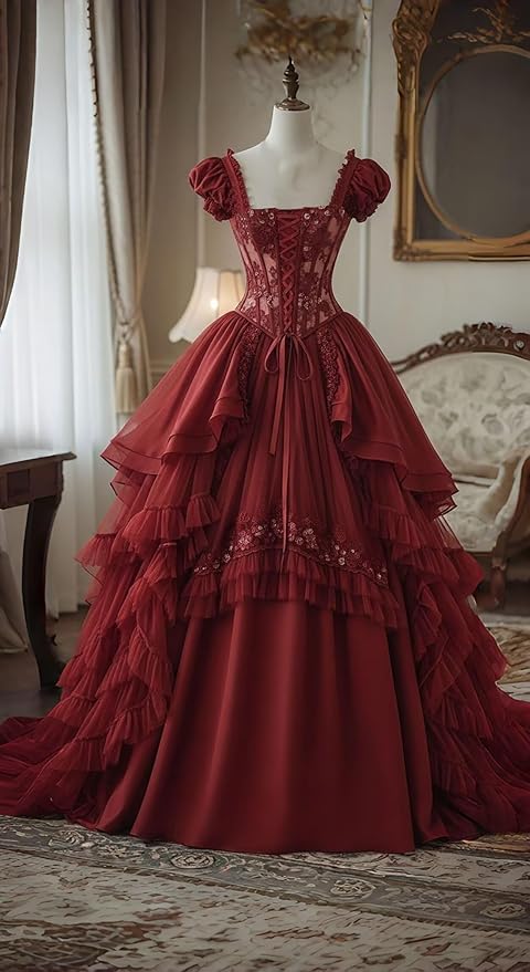 Ftupza Gothic Wedding Dresses Lace Appliques 1800s Victorian Dresses for Women Layered Tulle Prom Dress Long Ball Gown