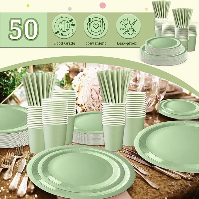 287 Pcs Birthday Decorations for Women, Sage Green Happy Birthday Decor Supplies - Banner, Balloon, Tiara, Sash, Tableware with Sage Green for 50 Guests