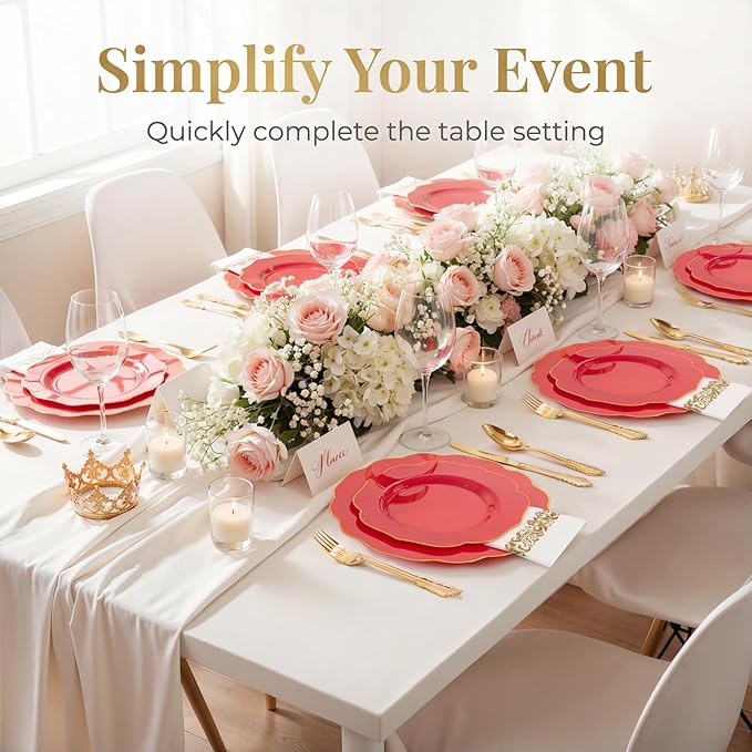 NOCCUR 175PCS Red Plastic Plates with Gold Disposable Silverware - Include 50 Red Gold Plastic Plates,25 Knives,25 Forks,25 Spoons,25 Cups and 25 Napkins - Ideal for Party/Valentines & Galentines Day