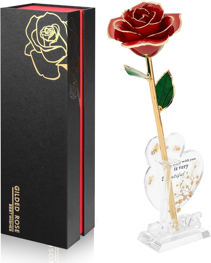 Gold Dipped Infinity Rose Last Forever Flower Decor, Birthday Gift for Women in Her Birthday Valentines Day Mothers Day, Resin Preserved Rose | Anniversary Present for Mom (Red)