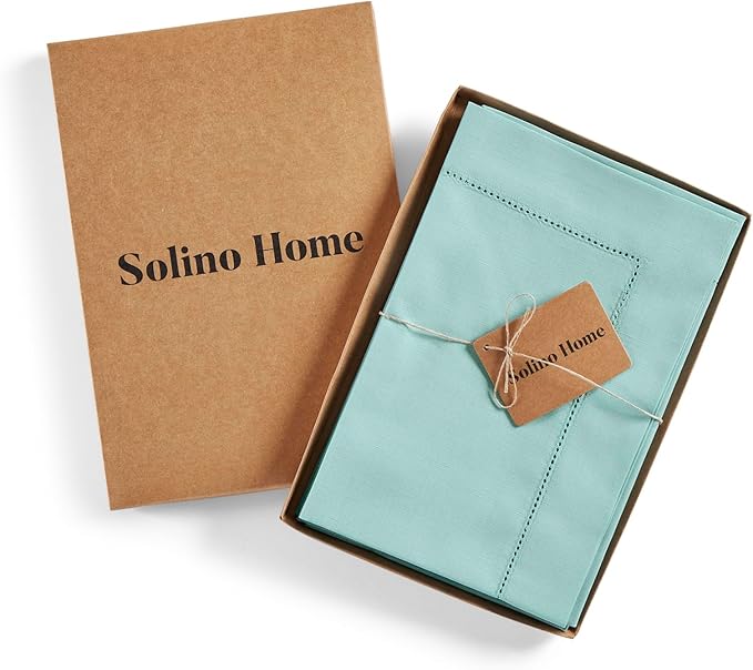 Solino Home Cotton Linen Napkins Set of 4 - Hemstitch Pastel Turquoise Dinner Napkins Cloth 20 x 20 Inch for Spring, Easter - Handcrafted and Machine Washable