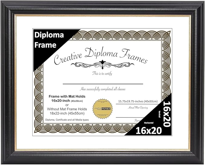 Creative Picture Frames 16" x 20" Rockefeller Black with Gold Rim Diploma Frame, Displays 16" x 20" Certificate or 18" x 22" Document without Mat, College Degree Frame, Full-Strength Glass, White Mat