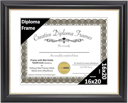 Creative Picture Frames 16" x 20" Rockefeller Black with Gold Rim Diploma Frame, Displays 16" x 20" Certificate or 18" x 22" Document without Mat, College Degree Frame, Full-Strength Glass, White Mat