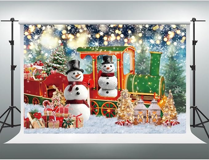 YongFoto Merry Christmas Backdrop 9x6ft Snow Scene Train Snowman Christmas Tree Gift Photography Background Happy New Year Xmas Eve Family Party Banner Room Decor Photoshoot Wallpaper Photo Booth