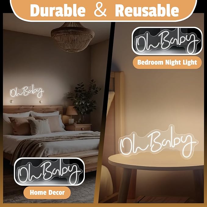 Oh Baby Neon Sign for Backdrop Wall Decor, Baby Shower LED Neon Light for Wall Decor, 19.6×8.6 Inch Large Size, USB Powered for Party Decorations & Night Lighting, Birthday Wedding Bar (White)
