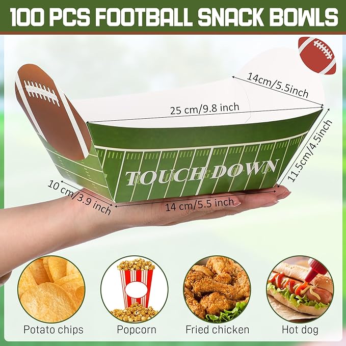 200 Pcs Football Party Decorations, 5 lb 100 Football Paper Food Trays Disposable Serving Trays Boats with 100 Grease Resistant Liner Papers for Birthday Party Supplies Sport Game Event Favors