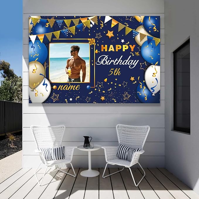 Custom Navy Blue and Gold Happy Birthday Sign Birthday Party Decorations Supplies Personalized Navy Blue Backdrop Banner (6x9ft)