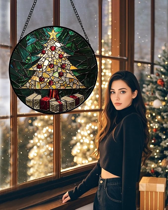 Stained Glass Window Hanging - Golden Christmas Tree Suncatcher for Doors Home Christmas Decoration Winter Sun Catcher Thanksgiving New Year Birthday Gifts for Women Men Mom Nana Girl 11.8 in