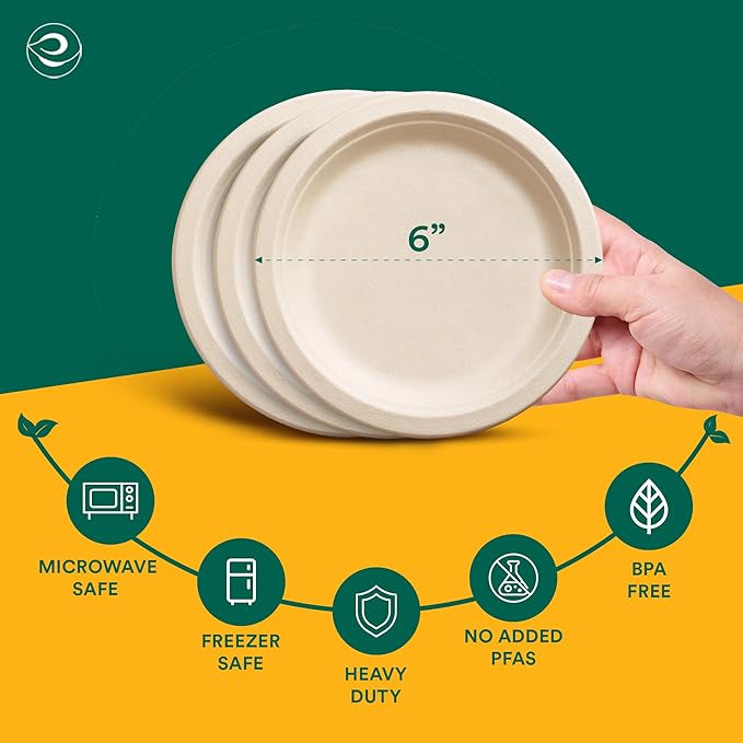 ECO SOUL 6 Inch Compostable Disposable Paper Plates [1000 Pack] Food Safe 100% Virgin Bagasse Pulp Heavy Duty Biodegradable Microwave Safe Small Round Dessert Plate for Party, Picnic & BBQ (Brown)