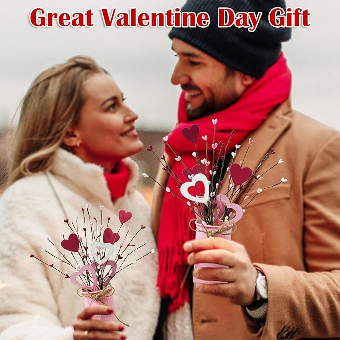 TORONTOKYO Valentines Day Decor, 6 Pack Valentine's Day Artificial Potted Plant Heart Shaped Valentines Day Picks with Berries Metal Pot for Home Office Table Centerpiece Decor