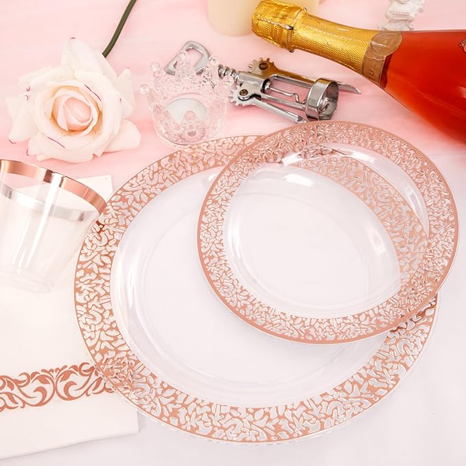 I00000 50 Guests Clear Rose Gold Plastic Plates - Disposable Dinnerware Set Includes: 100 Clear Rose Gold Plastic Plates, 150 Silverware, 50 Napkins, 50 Cups Perfect for Valentine's Day & Wedding