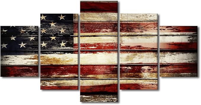 Art Work for Home Walls Native American Flag Decor Retro Paintings Star&Stripe Pictures for Living Room 5 Panel Canvas USA Artwork Home Decor Giclee Wooden Framed Stretched Ready to Hang 60x32 in