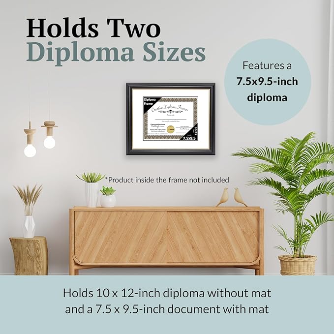 Creative Picture Frames 7.5" x 9.5" Rockefeller Black w/Gold Rim Diploma Frame, Displays 7.5" x 9.5" Certificate or 10" x 12" Document w/o Mat, College Degree Frame, Full-Strength Glass, White Mat