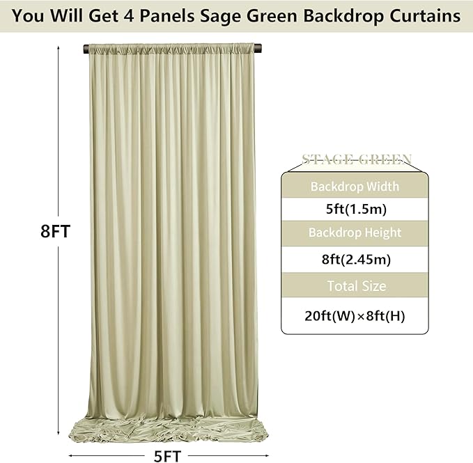 20ft x 8ft Wrinkle Free Sage Green Backdrop Curtains for Parties Weddings, 4 Panels 5×8ft Soft Silk Polyester Photo Backdrop Drapes for Birthday Baby Shower Photo Photography Background Cloth