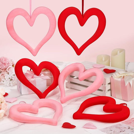 Aneco 6 Pieces Valentine‘s Day 3D Velvet Heart Hanging Ornament 9.45 Inch Foam Heart Wreaths for Valentine‘s Day Wedding Anniversary Front Door Home Decor, Red and Pink