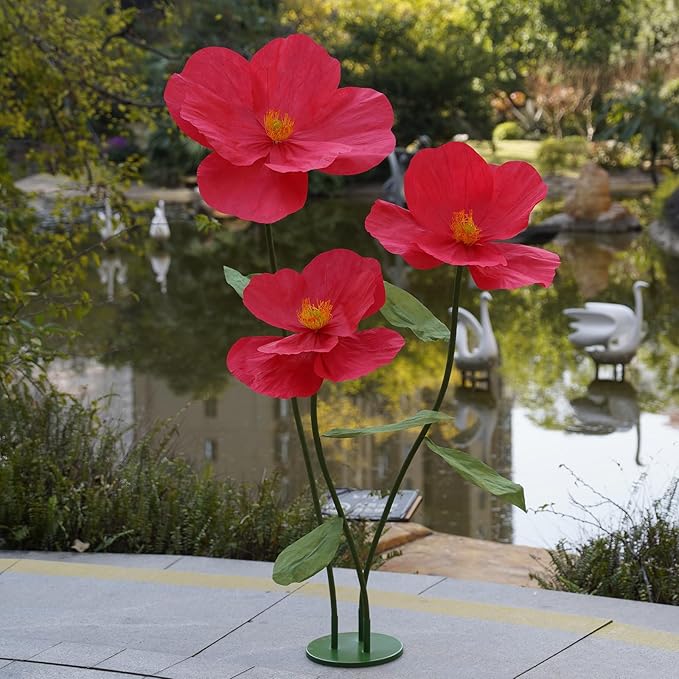 Large Paper Artificial Flowers,Giant Flowers for Decoration,Huge Handcrafted Poppy Fake Flowers with Stand for Home Decor Bridal Shower Party Outdoors Yard Event Backdrop Decor (red)