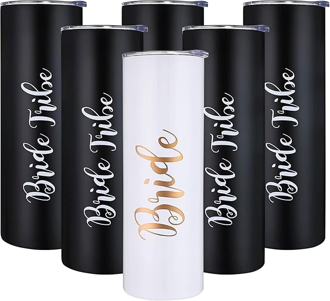6 Pack Bride to Be Skinny Tumbler | 20 oz Bride Tribe Stainless Steel Wine Tumblers | Engagement Wedding Gifts Bridesmaids Mugs Bachelorette Party Supplies & Games