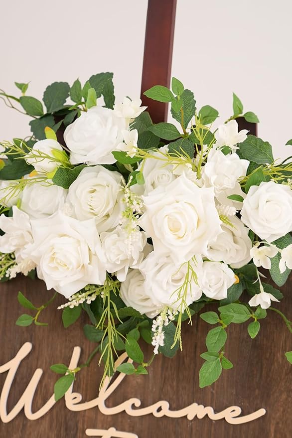 2pcs White Green Mint Leaves Deluxe Welcome Sign Artificial Flowers Wedding Backdrop Garland Hanging Floral Arrangements for Ceremony Reception Entryway Board Sweetheart Table