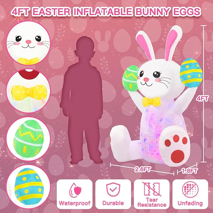 Easter Inflatables Outdoor Decorations 4ft Cute Inflatable Bunny Hold Eggs Blow Up Yard with LED Lighted Colorful Happy Rabbit Blow Ups for Outside Holiday Party Garden Lawn Indoor Home Decor