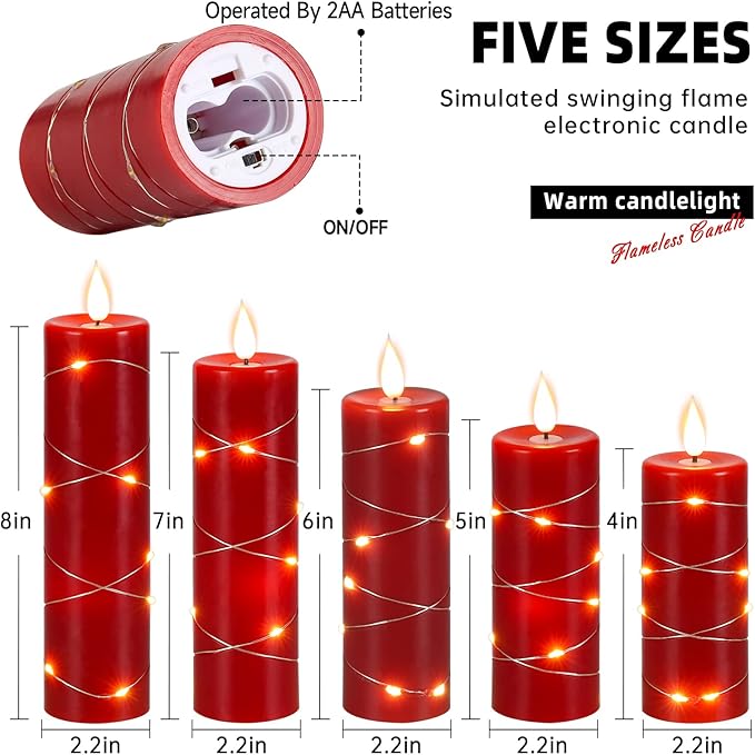 Red Flameless Candle Fairy String Light, Water Drop Flame, Advanced LED Flame Simulation with Remote and Timed Candles, 5-Cell Battery Powered，Christmas Candle