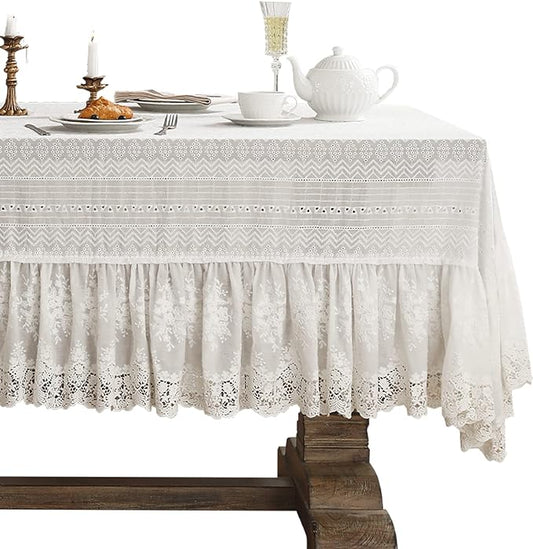 patdrea Vintage White Lace Tablecloth,Design Embroidered Cotton Ruffle Table Cloth for Rectangle Table,Elegant Rustic Fabric Decorations for Wedding Party Thanksgiving Christmas 63"*102"