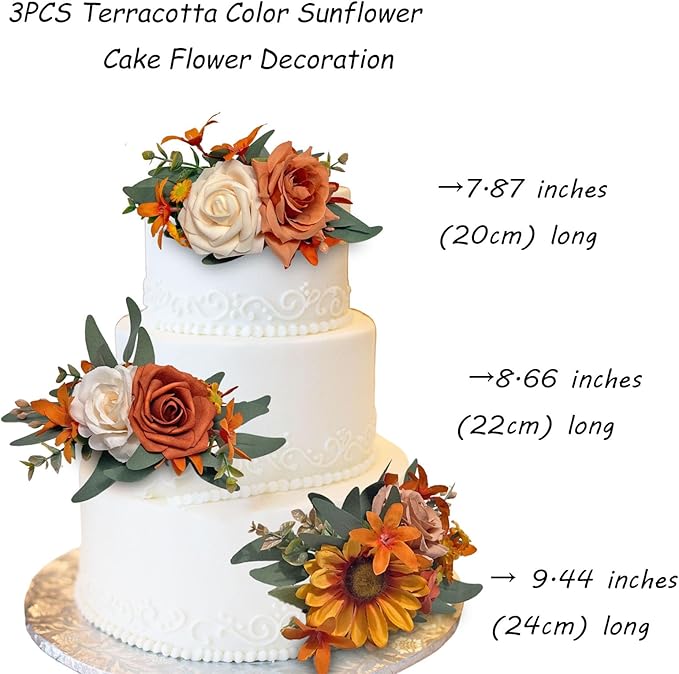 CherishedMoments 3Pcs Cake Topper Set, Wedding Artificial Flowers Decor Straw Yellow Sunflower Scheme Cake Topper Decorations for Wedding Ceremony Anniversary, Party Decor