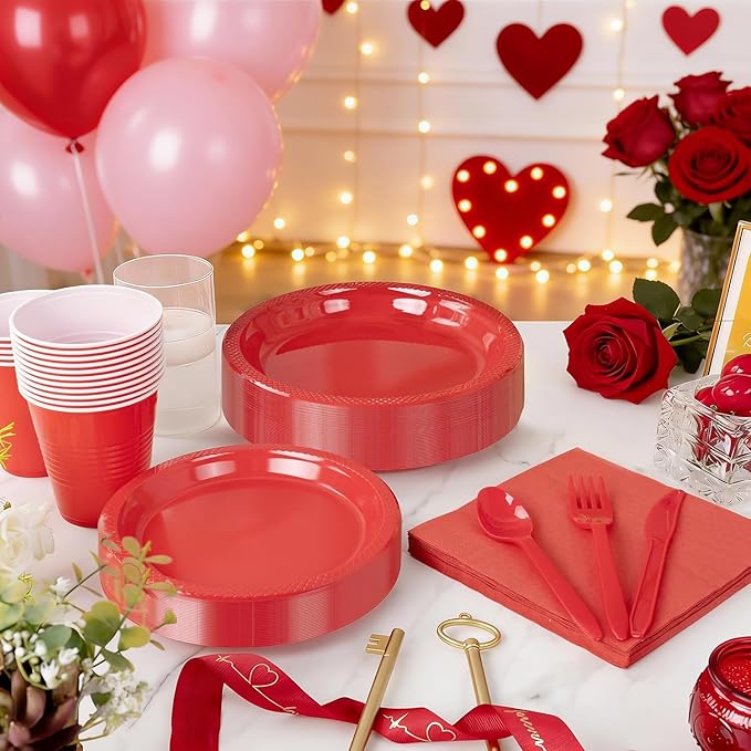 MirthMood 350PCS Red Disposable Plastic Plates,Red Dinnerware Set Includes 50 Dinner Plates, 50 Salad Plates, 50 Sets of Silverware, 50 Napkins and 50Pcs 12OZ Plastic Cups