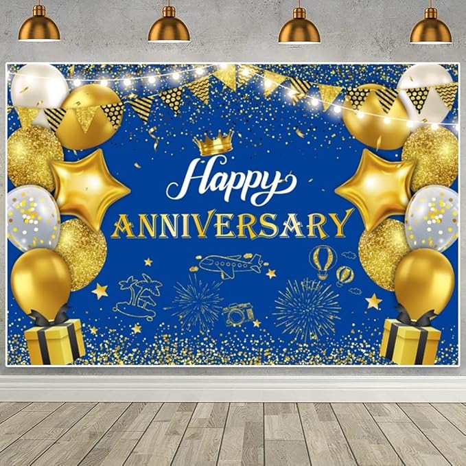 ChloropLastid Happy Anniversary Backdrop Blue Gold Anniversary Decorations for Party Banner 50th 60th Anniversary Birthday Wedding Supplies Photo Booth Props Background 9X6FT