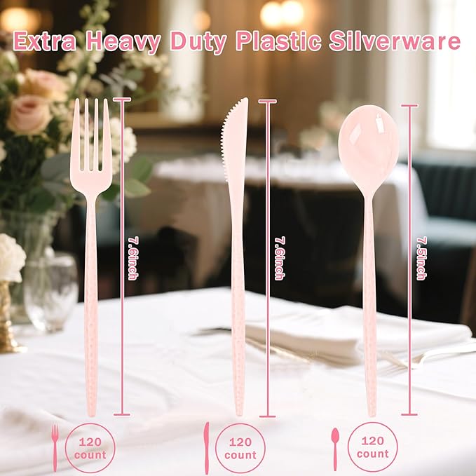 Supernal 360Pcs Pink Plastic Silverware,Heavy Duty Disposable Silverware,Hammered Disposable Cutlery,Pink Utensils Set Include 120 Knives,120 Forks and 120 Spoons Suitable for Wedding,Party&Birthday