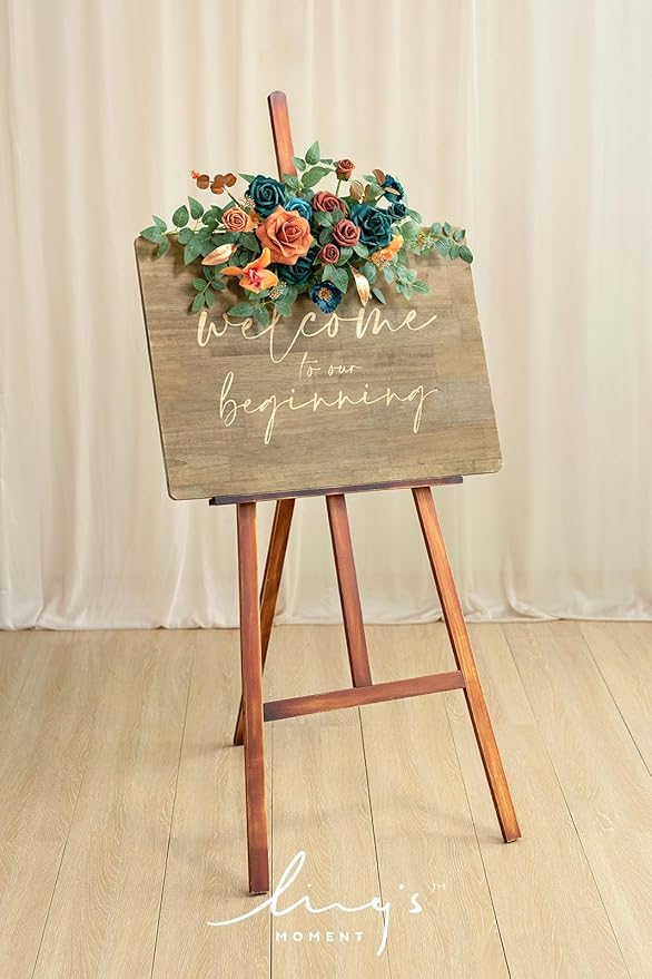 Ling's moment 2pcs Fall Wedding Artificial Floral Swag Welcome Sign Flowers Backdrop Garland Teal & Burnt Orange for Ceremony Reception Door Wall Home Decorations Entryway Outdoor Board Table Decor