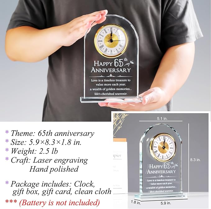 YWHL 65th Wedding Anniversary Quartz Clock Gifts for Parents Grandparents, 65 Years Anniversary Clock Keepsake for Couple, Happy 65th Anniversary Party Decoration (Battery not Included)