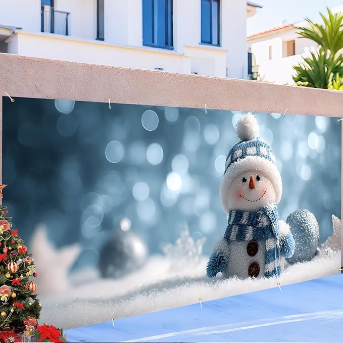 Christmas Garage Door Banner 7x16FT Snowman Winter Scene, Cute Holiday Garage Door Cover for Outdoor Xmas Decorations & Driveway Displays